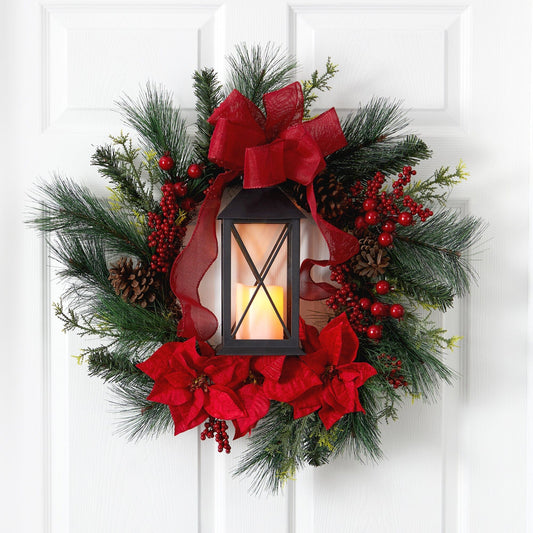28” Poinsettia and Berry Holiday Lantern Christmas Wreath with LED Candle - Tampa Home & Garden Store