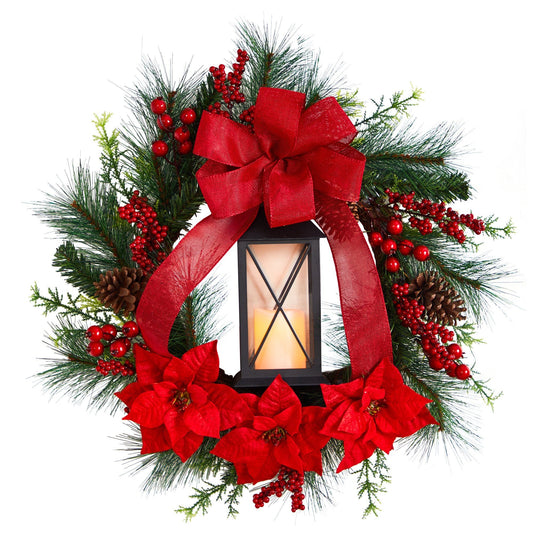 28” Poinsettia and Berry Holiday Lantern Christmas Wreath with LED Candle - Tampa Home & Garden Store