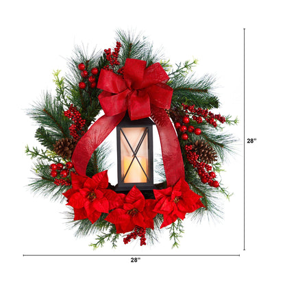 28” Poinsettia and Berry Holiday Lantern Christmas Wreath with LED Candle - Tampa Home & Garden Store