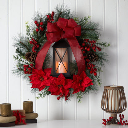 28” Poinsettia and Berry Holiday Lantern Christmas Wreath with LED Candle - Tampa Home & Garden Store