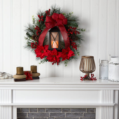28” Poinsettia and Berry Holiday Lantern Christmas Wreath with LED Candle - Tampa Home & Garden Store