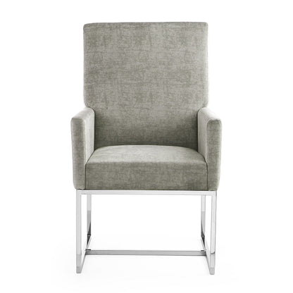 Element Dining Arm Chair by HouseOfZazla, grey velvet upholstery with chrome metal legs on Tampa Home & Garden Store