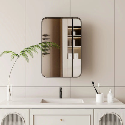 Recessed metal-framed medicine cabinet with rounded mirror and adjustable shelves on Tampa Home & Garden Store