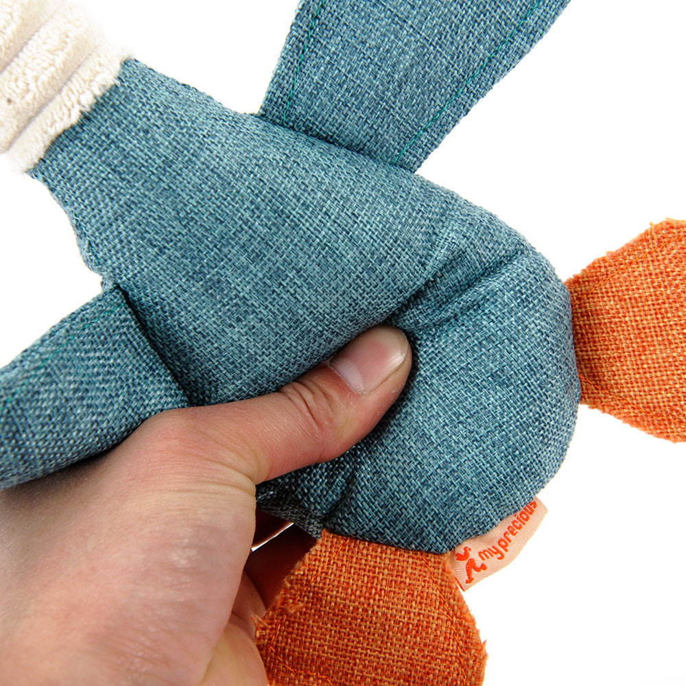 Blue denim plush dog toy with orange fabric limbs by Sell My Stuff on Tampa Home & Garden Store