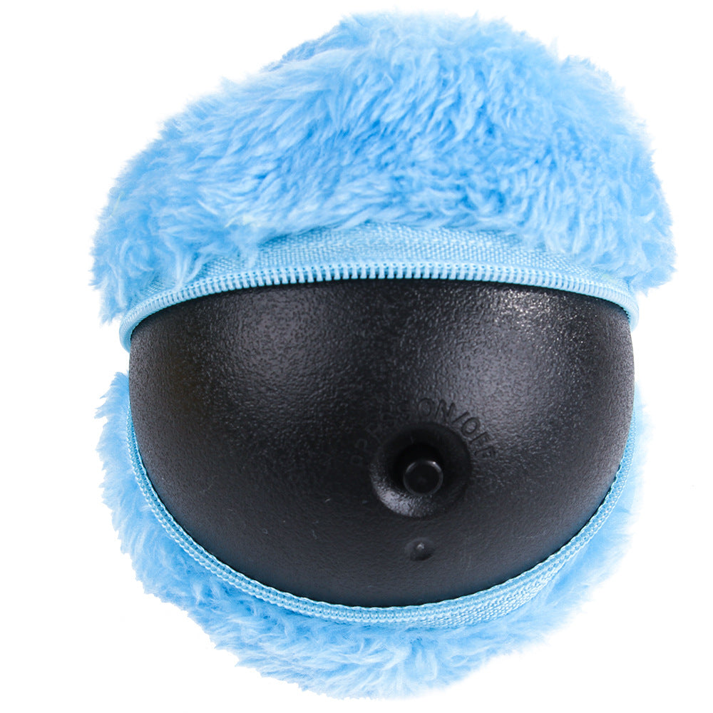 Blue fluffy rolling ball pet toy with black base, interactive plush ball by Sell My Stuff on Tampa Home & Garden Store