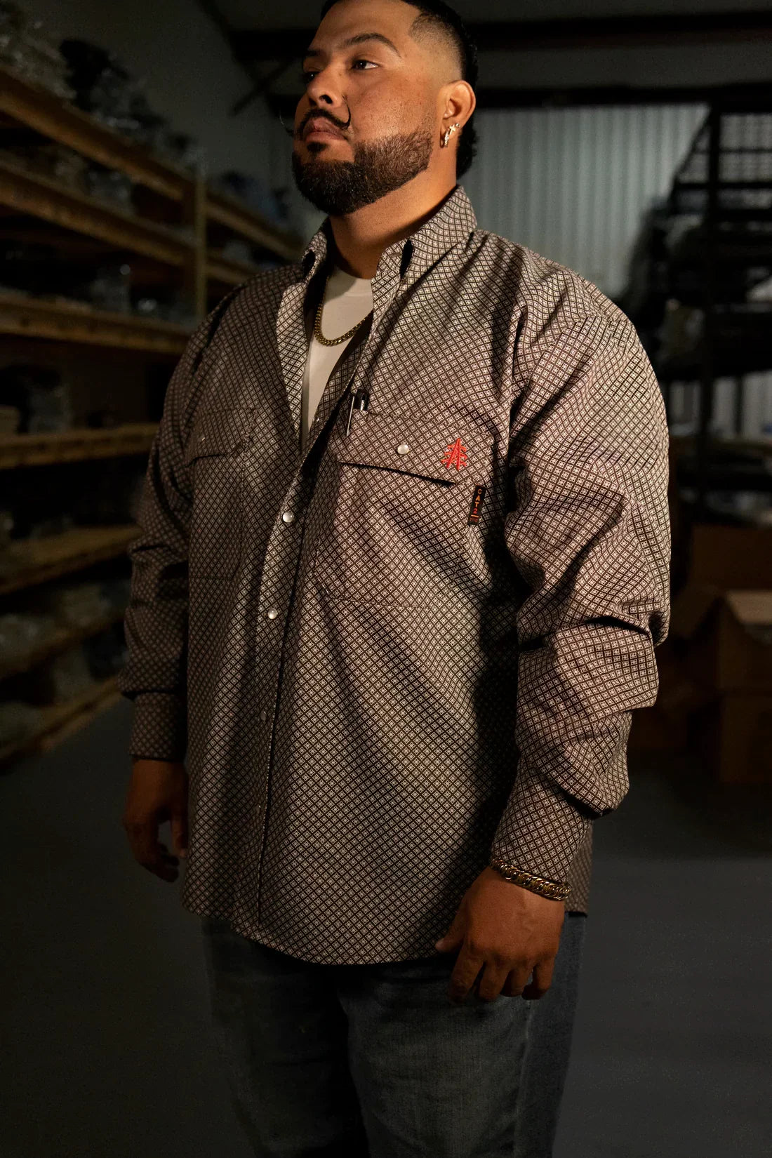 Static FR Pearl Snap Work Shirt Copperhead with brown geometric pattern, front chest pockets, pearl snap buttons on Tampa Home & Garden Store
