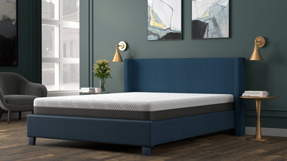 Omne Fria 8 Inch Queen Firm Mattress with Cooling Cover by HouseOfZazla on blue upholstered bed on Tampa Home & Garden Store