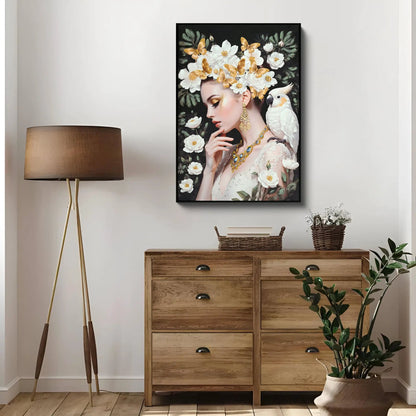 Framed canvas art beauty lady with ivory floral crown and gold butterflies Unique Piece Furniture on Tampa Home & Garden Store