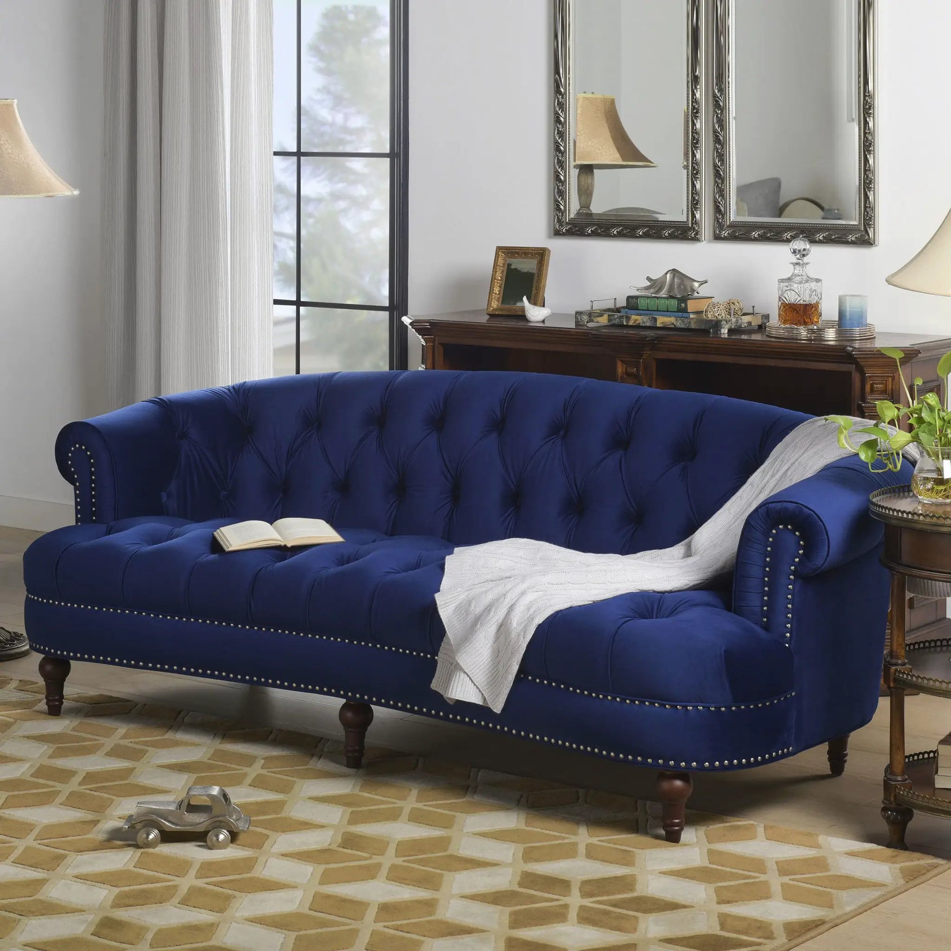 La Rosa Victorian Chesterfield Tufted Sofa blue velvet, stationary sofa on Tampa Home & Garden Store