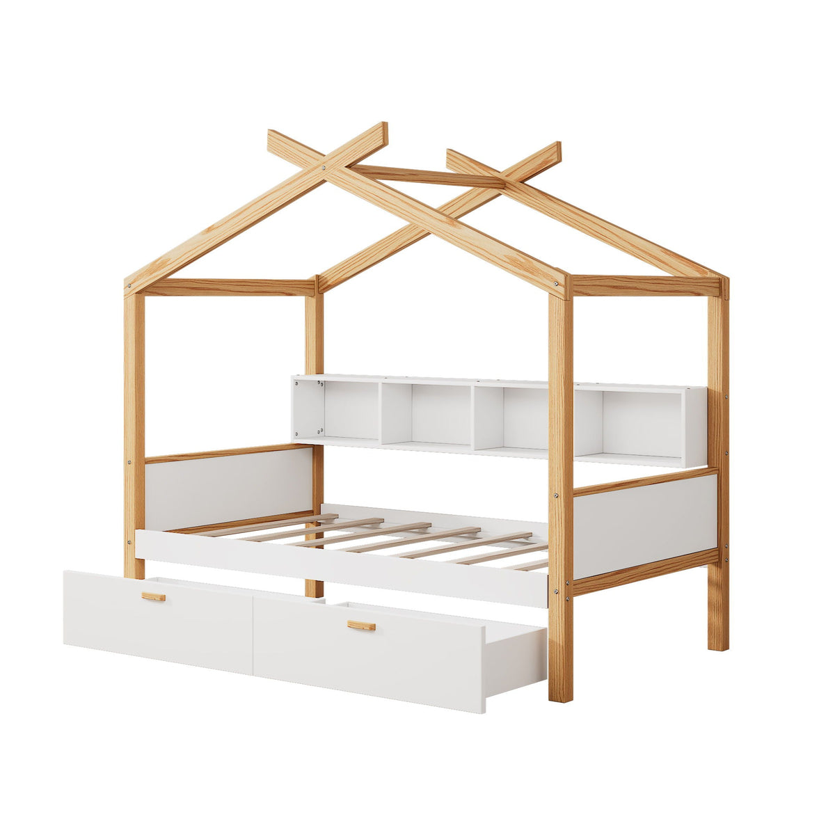 House Bed With Bookshelf Storage wooden bed frame with white storage cubbies and drawers on Tampa Home & Garden Store
