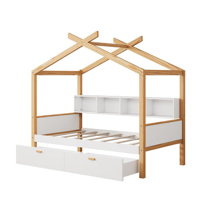 House Bed With Bookshelf Storage wooden bed frame with white storage cubbies and drawers on Tampa Home & Garden Store