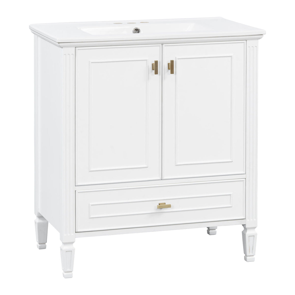 White freestanding vanity with two doors and a drawer, brass hardware by HouseOfZazla on Tampa Home & Garden Store