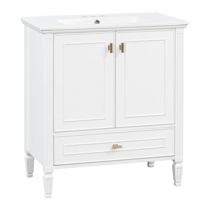 White freestanding vanity with two doors and a drawer, brass hardware by HouseOfZazla on Tampa Home & Garden Store
