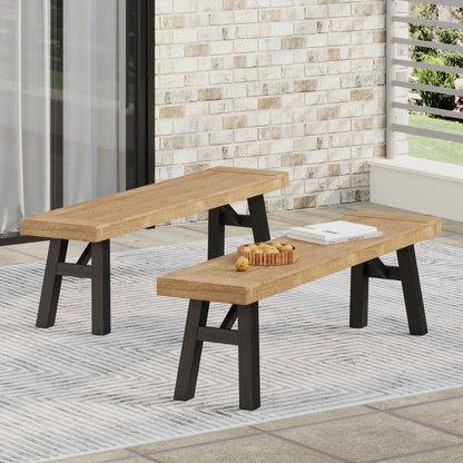 Two outdoor benches with acacia wood slat seats and black timber frames on Tampa Home & Garden Store