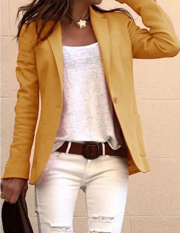 Candy-colored long-sleeved suit blazer by FLIPSTYLEZLLC in mustard yellow with white tee on Tampa Home & Garden Store