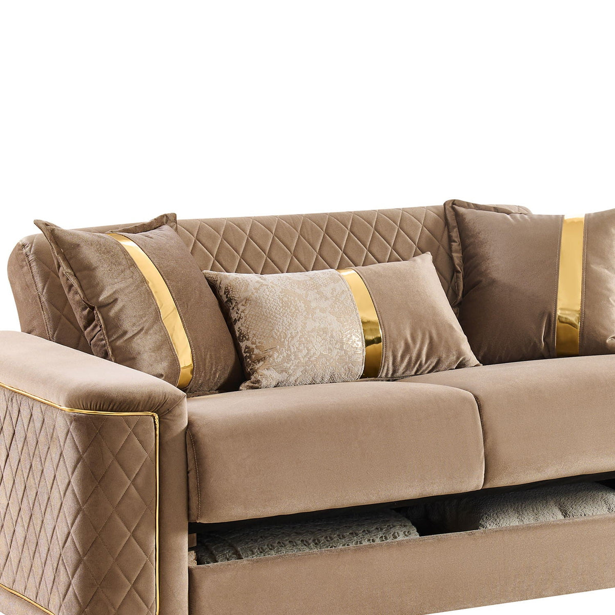 Beige bronze upholstered stationary sofa by HouseOfZazla with quilting and gold legs on Tampa Home & Garden Store