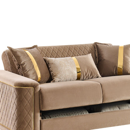 Beige bronze upholstered stationary sofa by HouseOfZazla with quilting and gold legs on Tampa Home & Garden Store