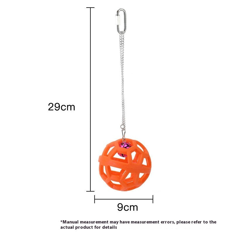 Orange plastic gnawing molar parrot toy, hanging lattice ball with metal chain and clip on Tampa Home & Garden Store