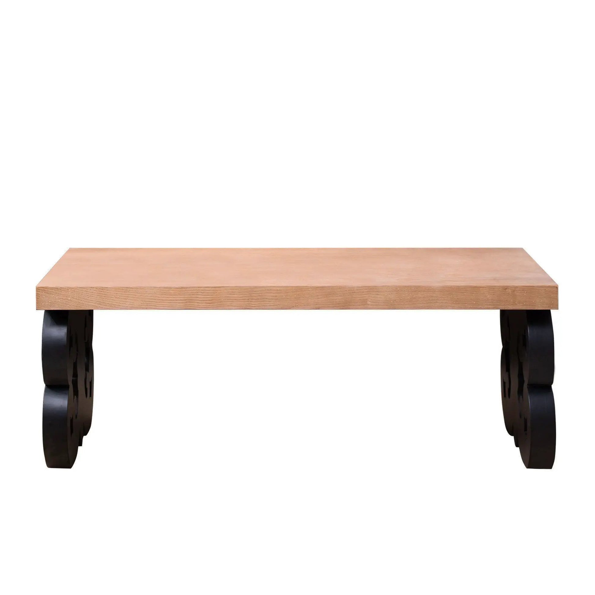 Ornate Scroll Base Coffee Table Unique Piece Furniture; natural wood top, black scroll legs on Tampa Home & Garden Store