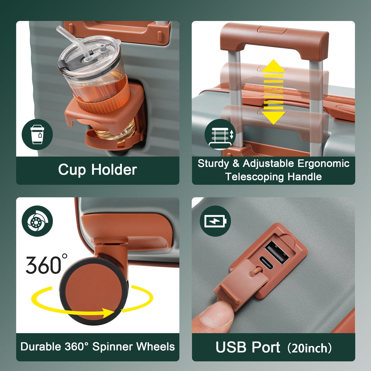 Deluxe 5-Piece Hard-Side Luggage Set with USB & TSA Locks by HouseOfZazla brown-orange accents on Tampa Home & Garden Store