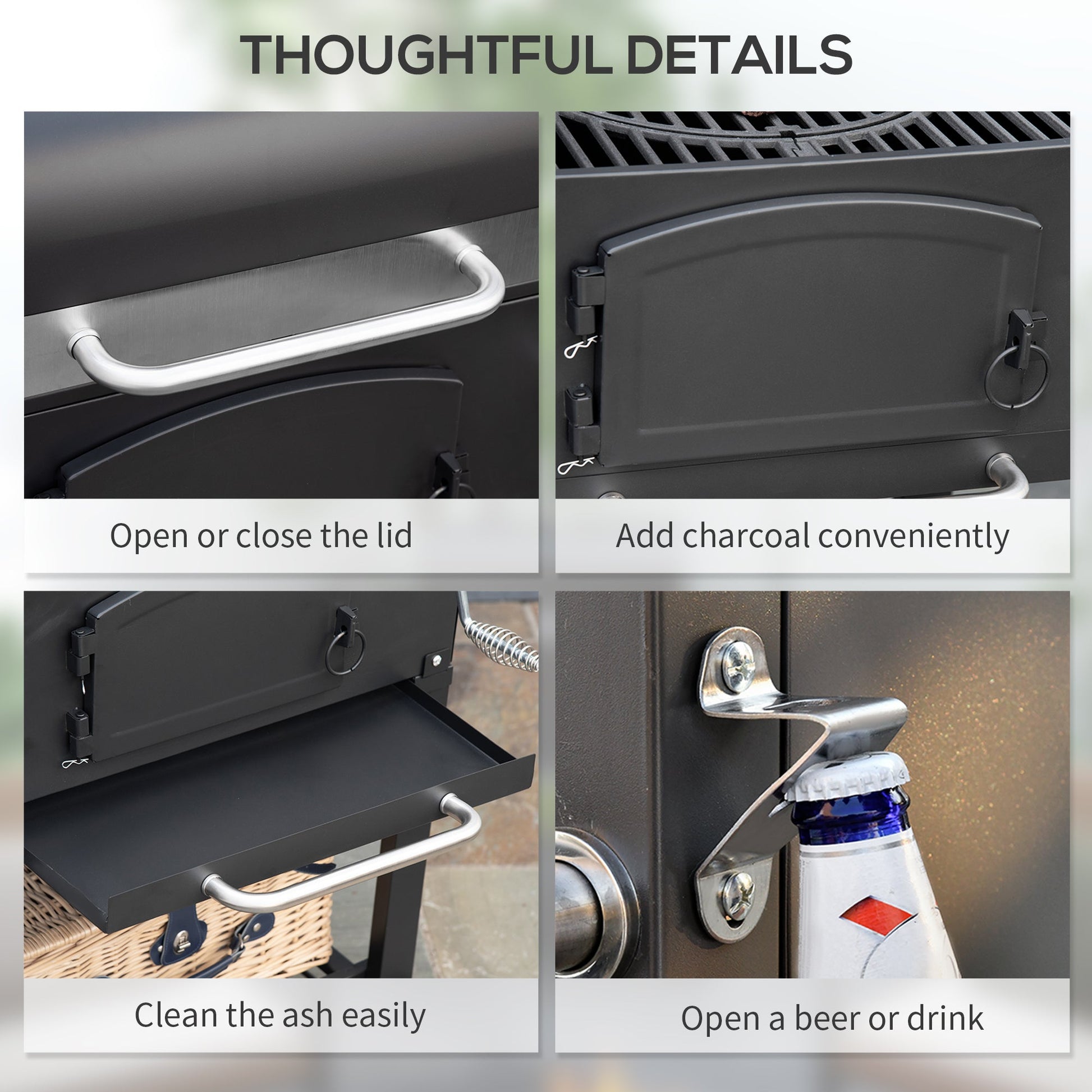 Outsunny black charcoal grill with adjustable height and folding shelves; stainless side handle on Tampa Home & Garden Store