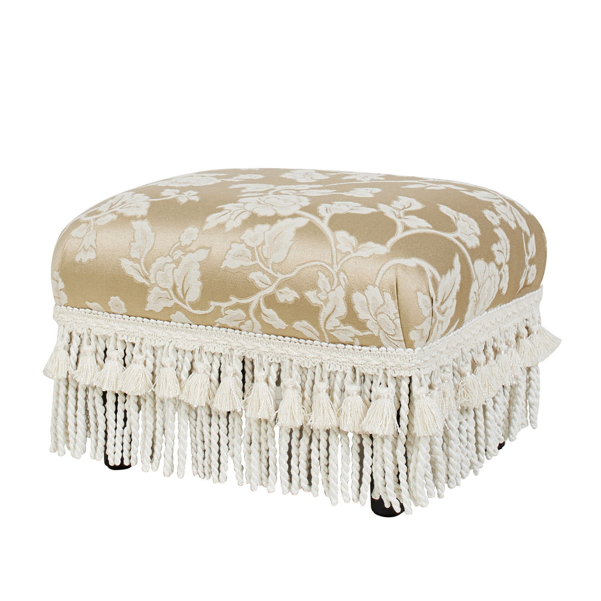 Footstool ottoman in beige damask fabric with solid wood frame and tassel fringe on Tampa Home & Garden Store