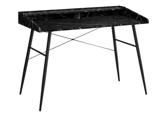 Computer desk with black marble top, rear storage shelf, and slim black legs on Tampa Home & Garden Store
