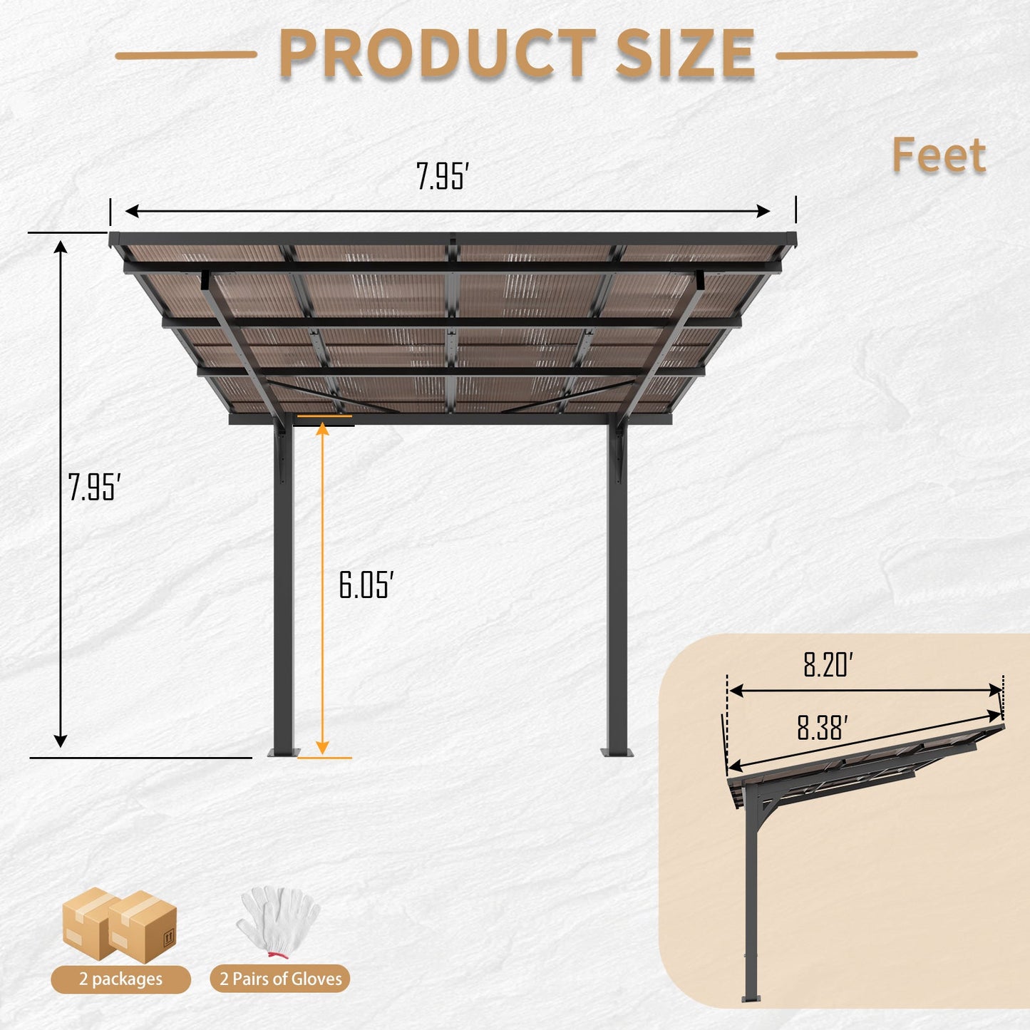 8x8ft Steel Carport And Sloped Polycarbonate Roof