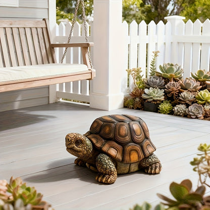 18-inch resin garden turtle statue stool with brown shell on a light deck near a porch swing on Tampa Home & Garden Store