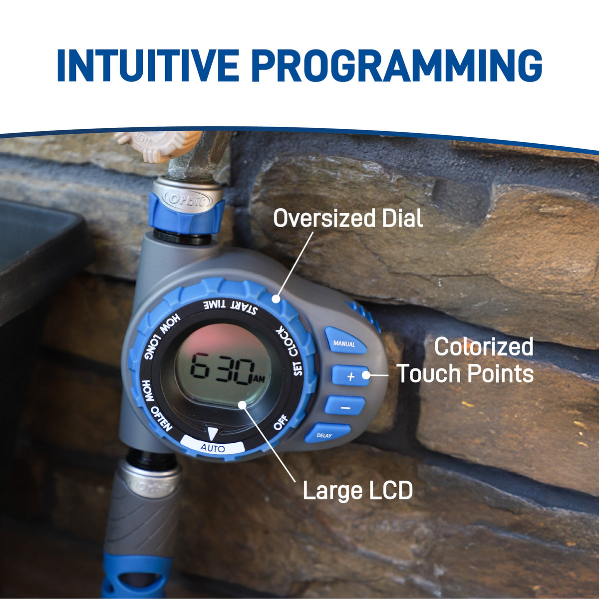 Orbit Elevated 1-Outlet Programmable Hose Faucet Timer model 28235 with blue dial and large LCD on Tampa Home & Garden Store