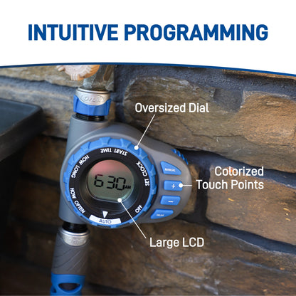 Orbit Elevated 1-Outlet Programmable Hose Faucet Timer model 28235 with blue dial and large LCD on Tampa Home & Garden Store