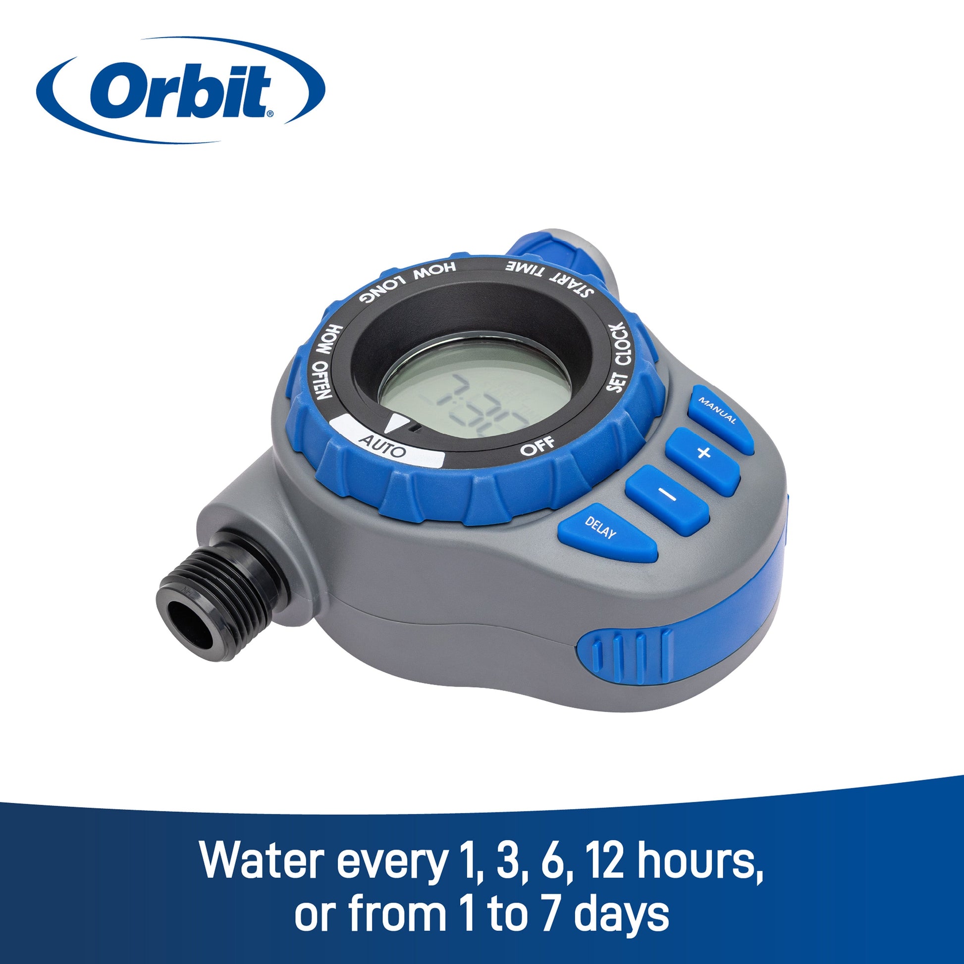 Orbit Elevated 1-Outlet Hose Faucet Timer 28235, blue and gray hose end timer with LCD display on Tampa Home & Garden Store