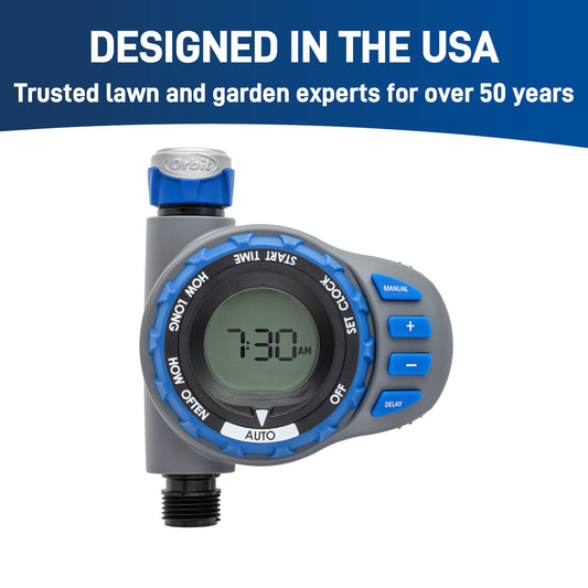Orbit Irrigation elevated 1-outlet hose end timer with digital display, gray body and blue dial on Tampa Home & Garden Store