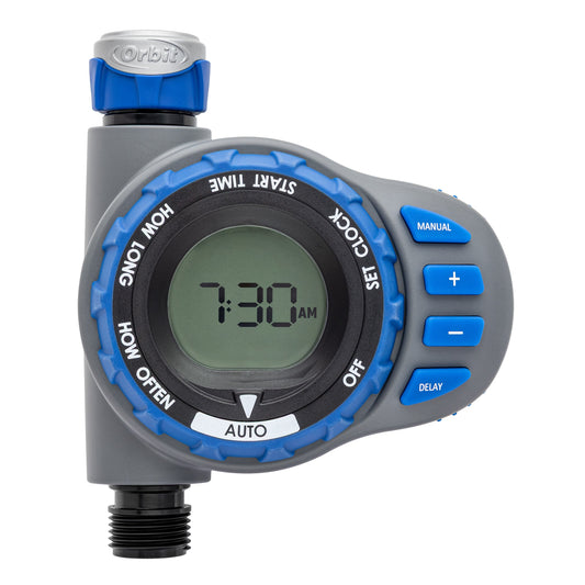 Orbit Elevated 1-Outlet Programmable Hose Faucet Timer with blue dial on gray body on Tampa Home & Garden Store