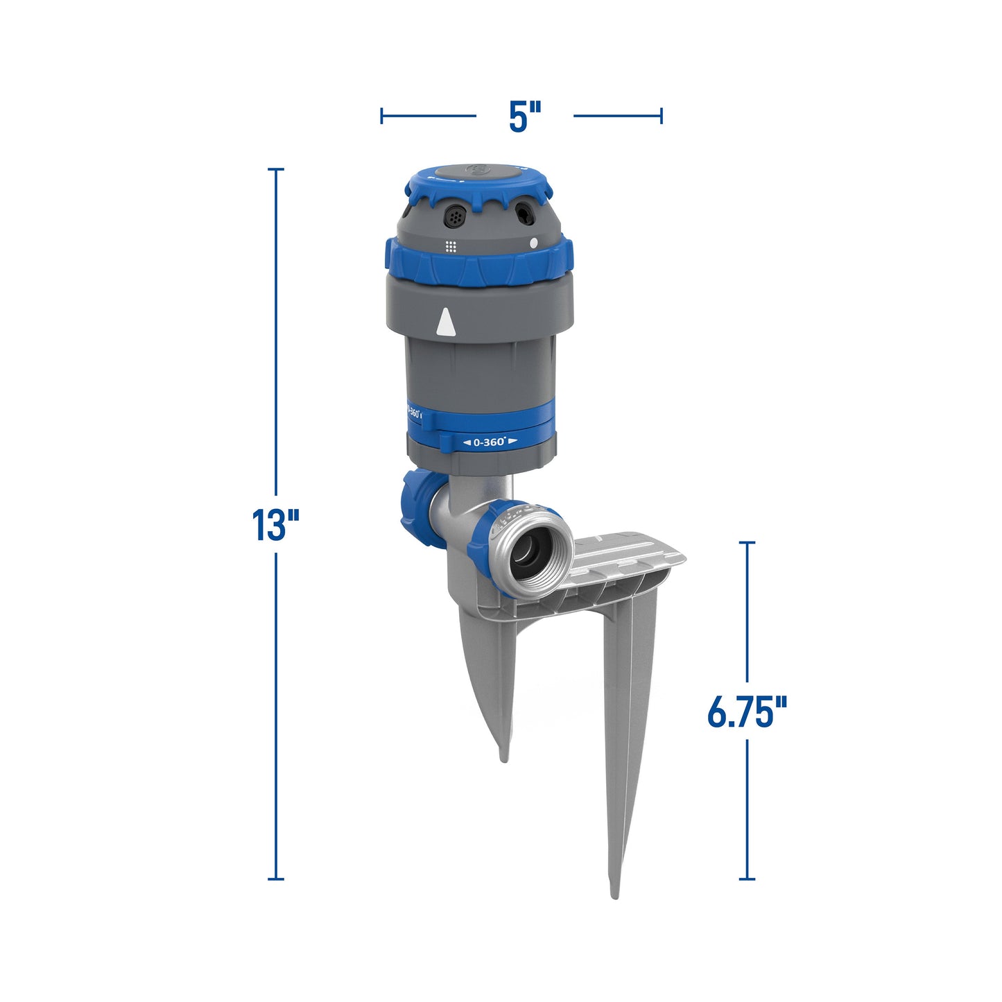 Orbit Elevated H2O-6 Gear Drive hose end sprinkler with blue cap on spike on Tampa Home & Garden Store