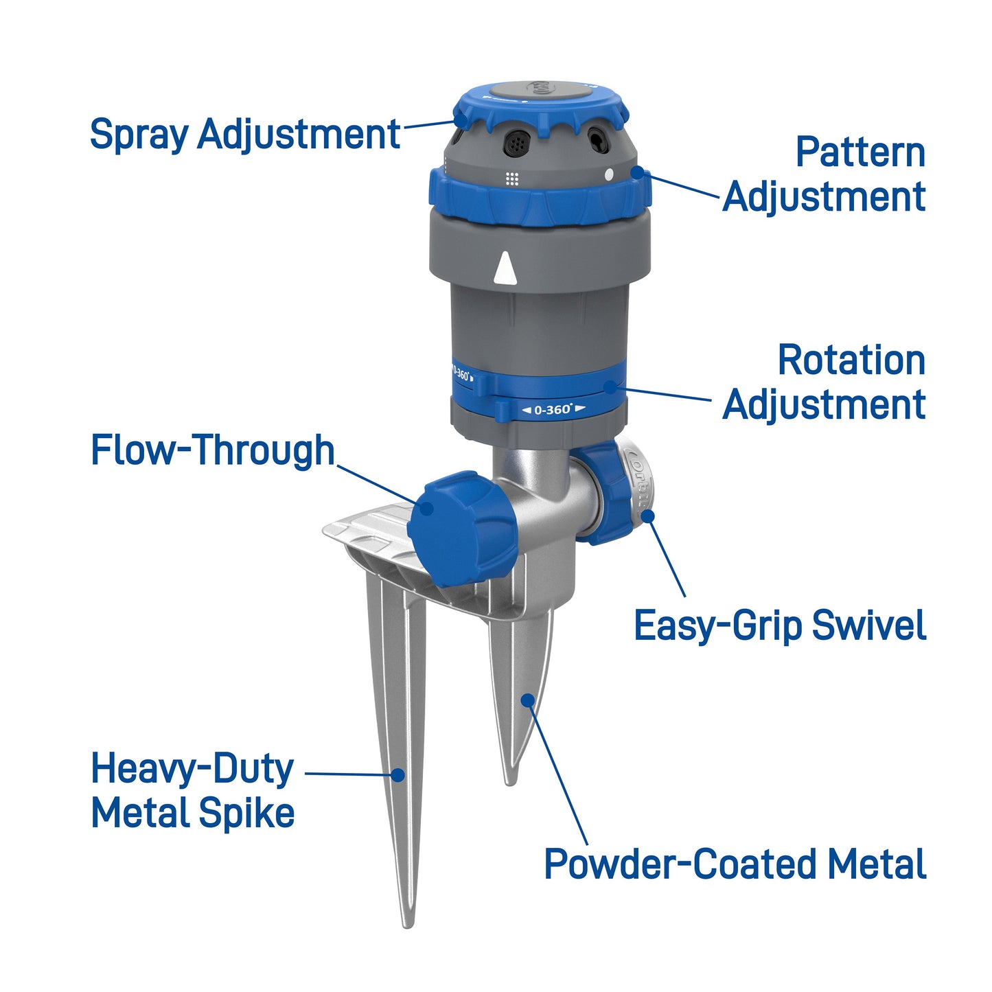 Orbit Elevated H2O-6 gear-drive sprinkler on spike with blue adjustment rings on Tampa Home & Garden Store