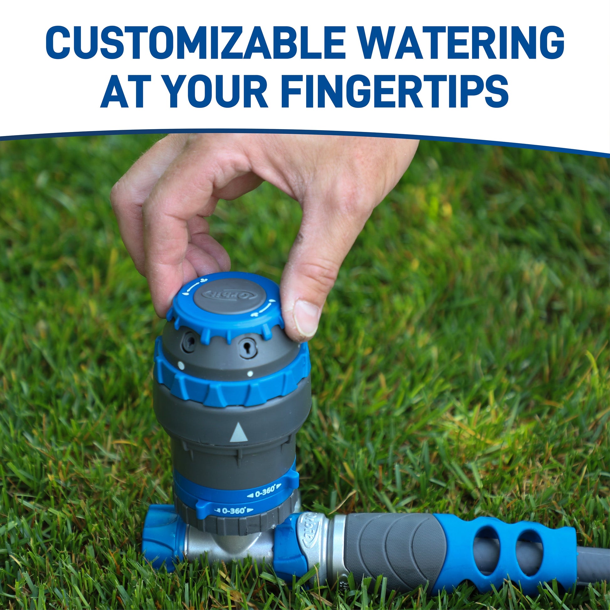 Orbit Elevated H2O-6 gear-drive hose-end sprinkler on spike, blue and gray on Tampa Home & Garden Store