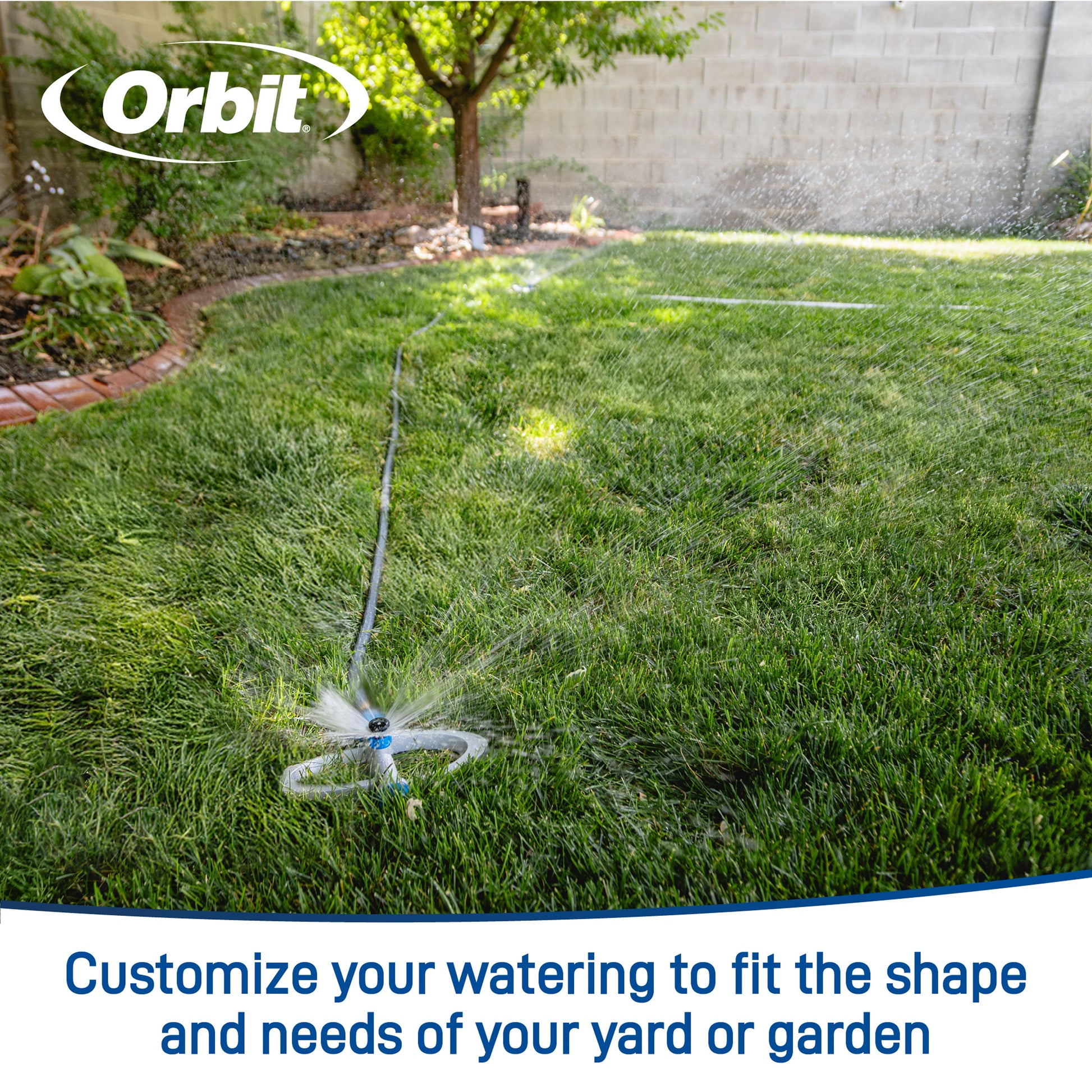 Orbit Port-a-Rain above-ground sprinkler hose end with Orbit Irrigation logo watering lawn on Tampa Home & Garden Store