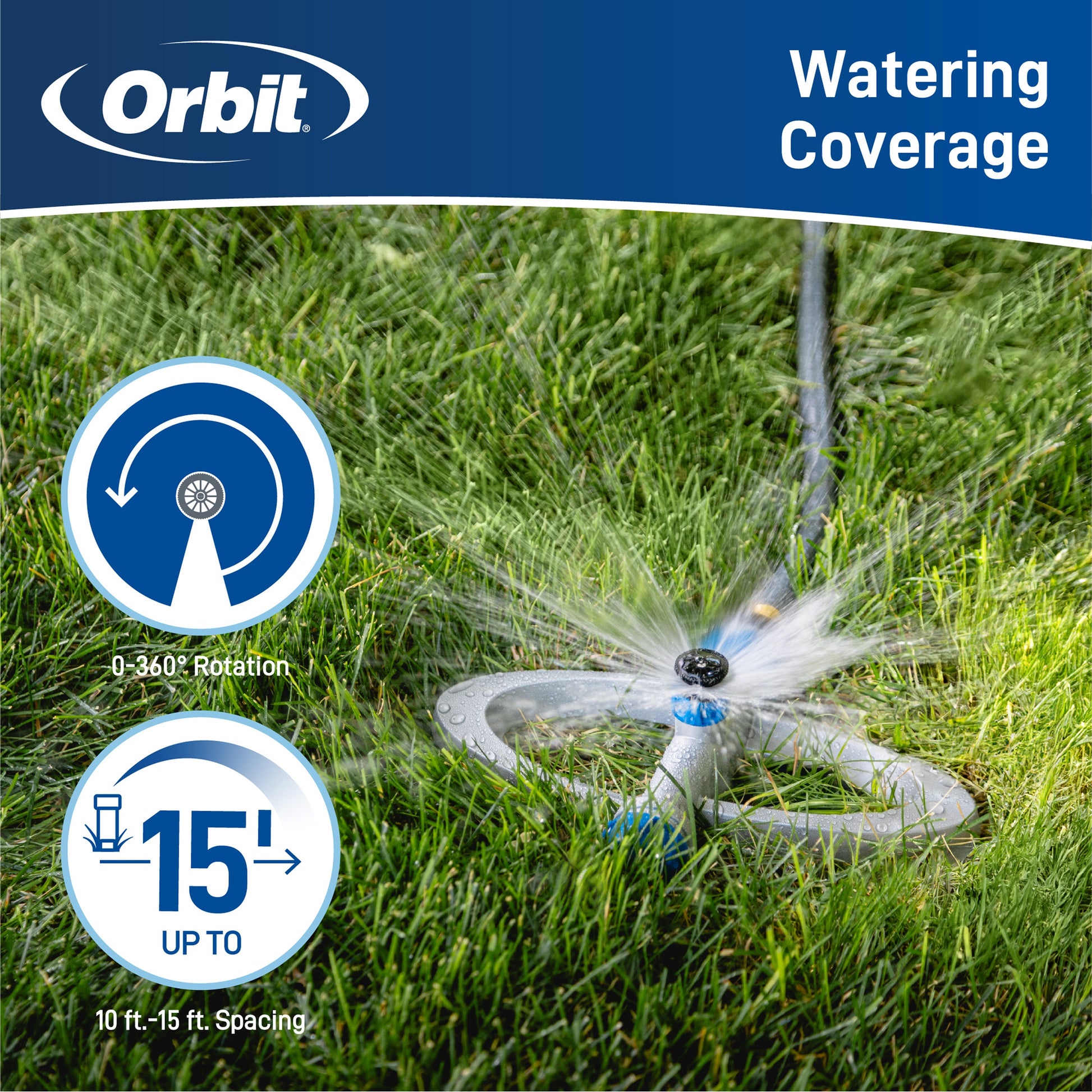 Orbit Elevated Port-a-Rain hose-end sprinkler, 0–360° rotation, 10–15 ft spacing on Tampa Home & Garden Store