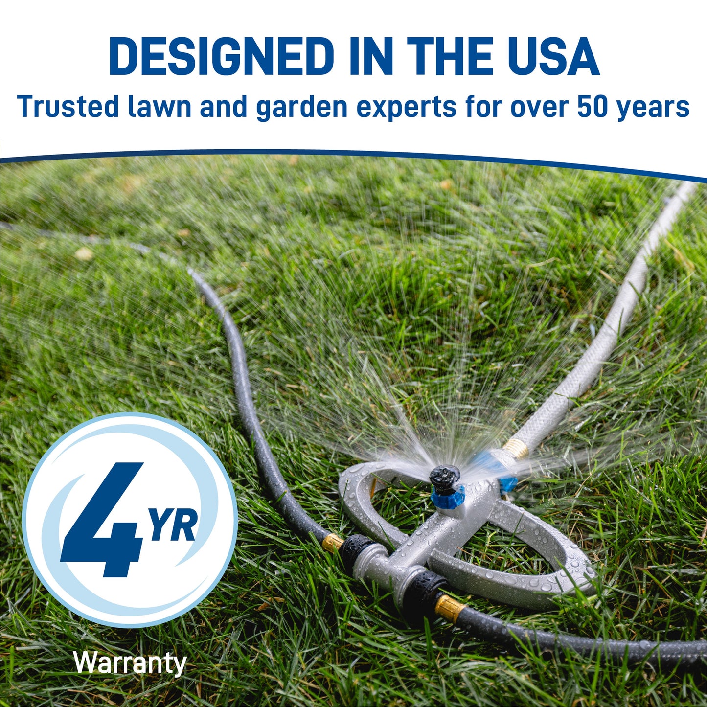 Orbit Irrigation Port-a-Rain above-ground sprinkler hose-end with blue fittings on grass on Tampa Home & Garden Store
