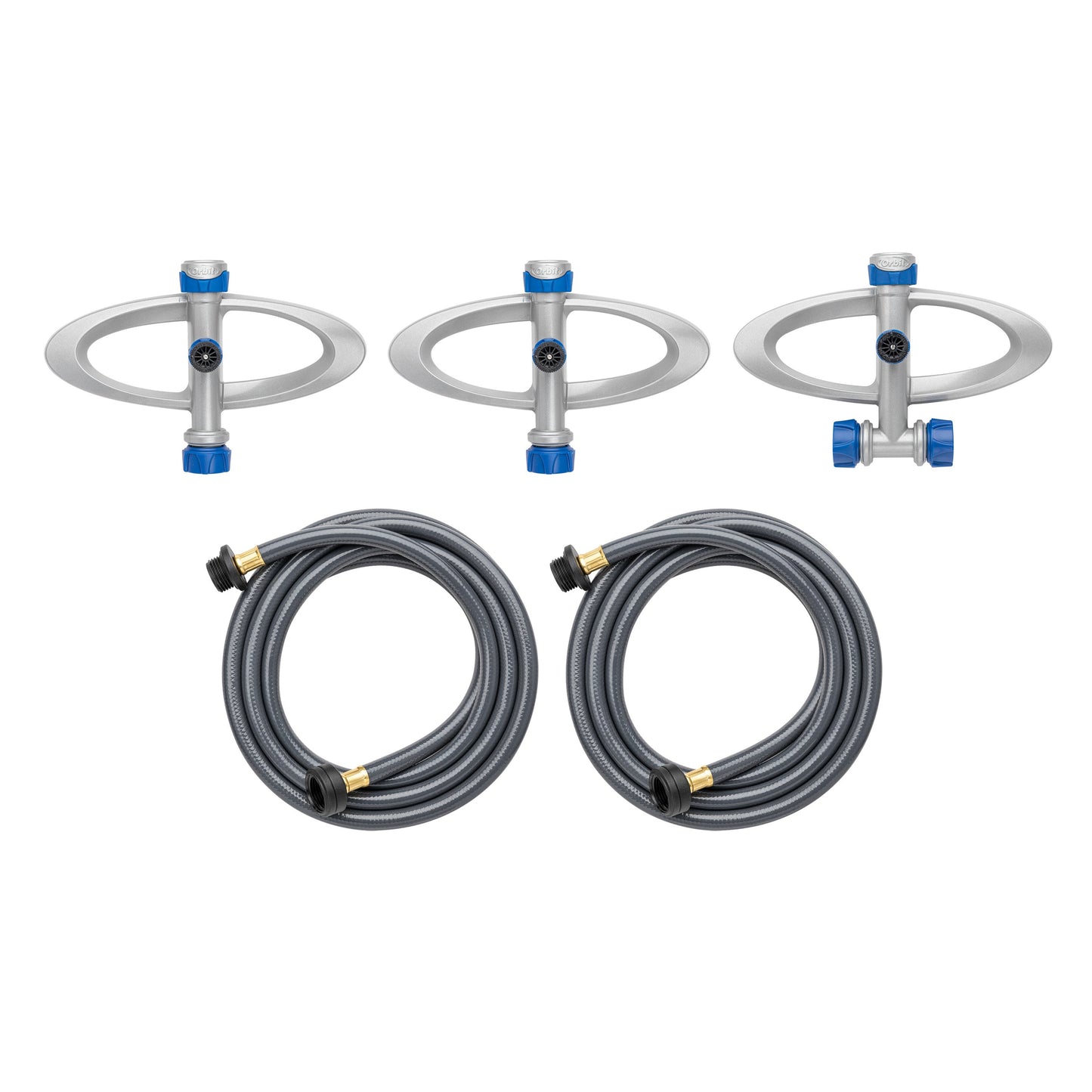 Orbit Elevated Port-a-Rain above-ground sprinkler heads, 3-pack with blue knobs and hoses on Tampa Home & Garden Store