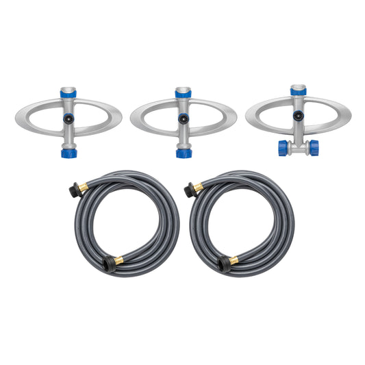 Orbit Elevated Port-a-Rain above-ground sprinkler heads, 3-pack with blue knobs and hoses on Tampa Home & Garden Store