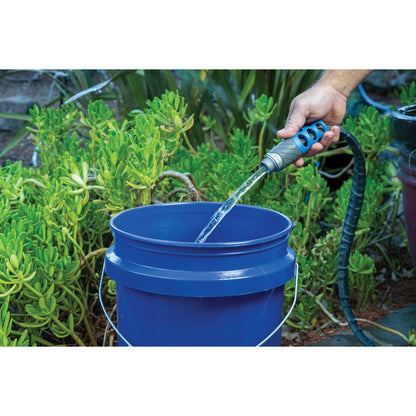 Orbit Elevated 100 ft heavy duty fabric garden hose with blue grip nozzle watering into bucket on Tampa Home & Garden Store