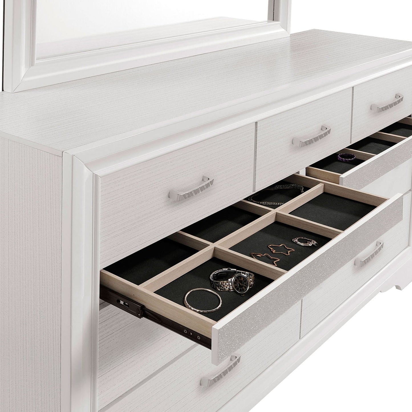 Annie 4 Piece Bedroom Set white dresser with jewelry organizer drawers and mirror on Tampa Home & Garden Store
