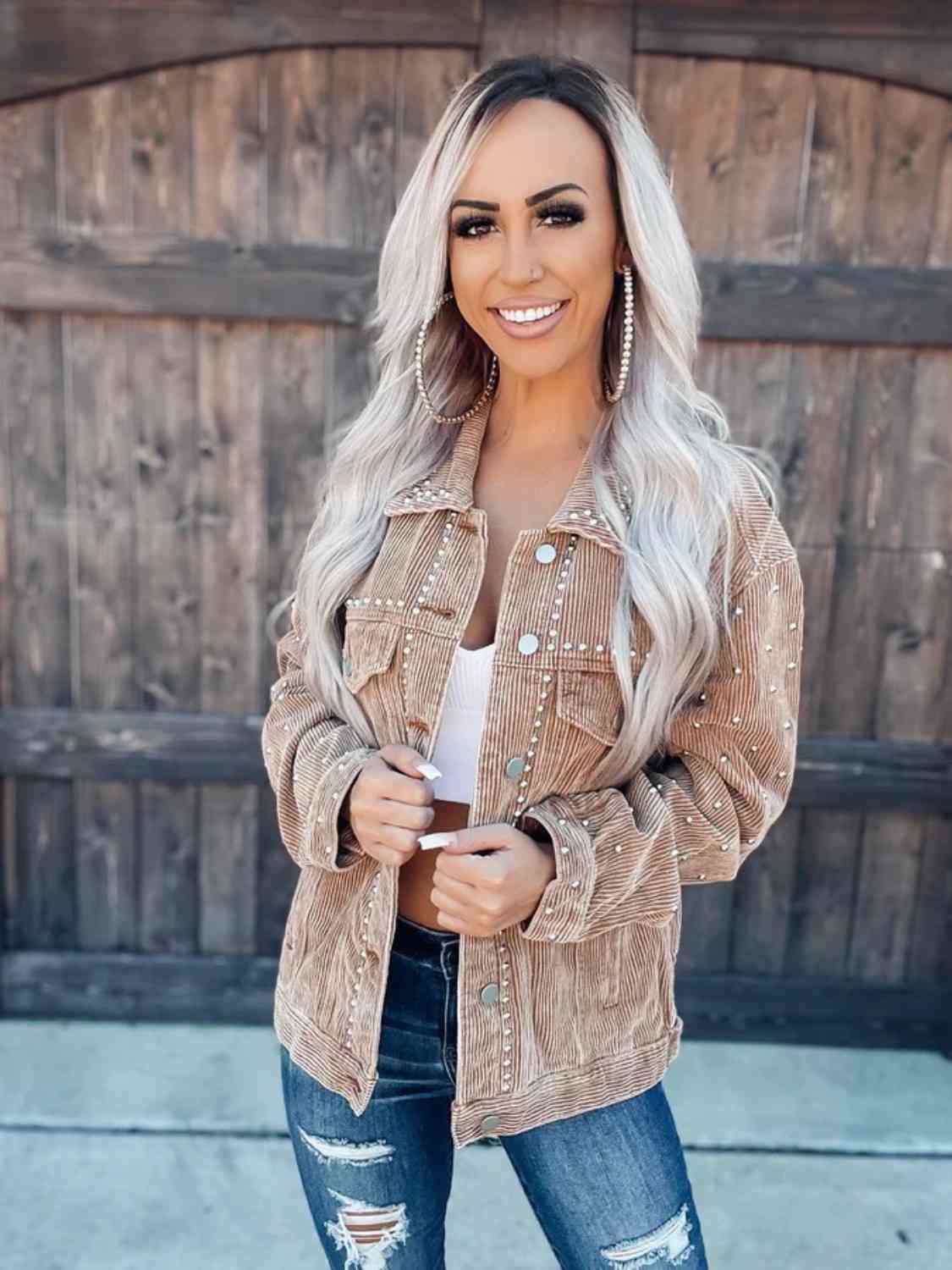 Women’s Collared Neck Button-Down Jacket in tan corduroy with pearl studs and pockets by Stevvex on Tampa Home & Garden Store