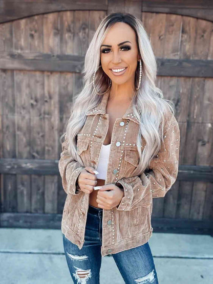 Women’s Collared Neck Button-Down Jacket in tan corduroy with pearl studs and pockets by Stevvex on Tampa Home & Garden Store