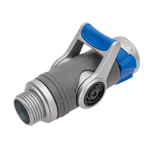 Orbit Elevated Shut-Off Hose End Coupling gray body with blue lever on Tampa Home & Garden Store