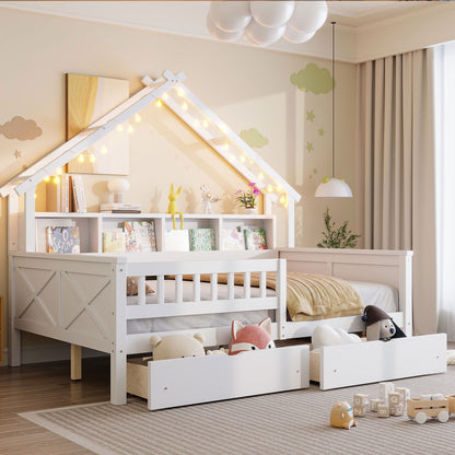 White house-style platform bed with LED lights, guardrail, and under-bed storage drawers on Tampa Home & Garden Store
