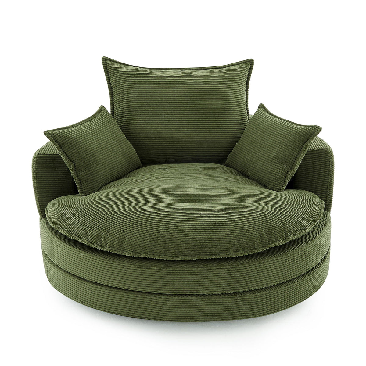 Swivel barrel chair in olive green corduroy with cushions and pillows, HouseOfZazla swing chair on Tampa Home & Garden Store