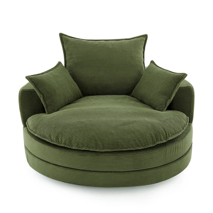 Swivel barrel chair in olive green corduroy with cushions and pillows, HouseOfZazla swing chair on Tampa Home & Garden Store